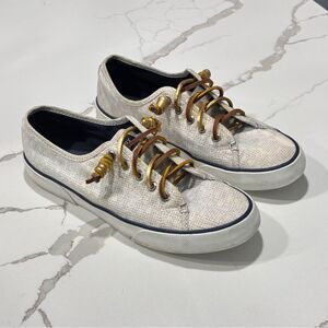 SPERRY Women’s White Grey Gray Fashion Sneakers Gold Laces Casual Shoes Size 8.5